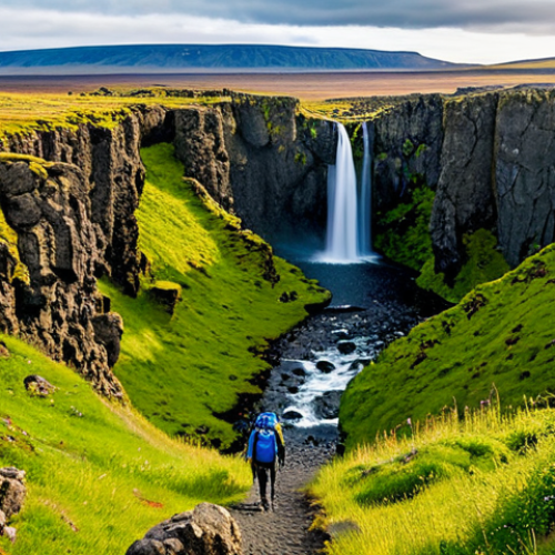 Home 8 Thingvellir National Park**
"A panoramic view of Thingvellir National Park, Iceland, showcasing the Almannagjá gorge with hikers on a well-maintained trail, appropriate attire. In the distance, the Öxarárfoss waterfall can be seen. Perfect anatomy, correct proportions, safe for work, fully clothed, professional nature photography, family-friendly, high quality."
**