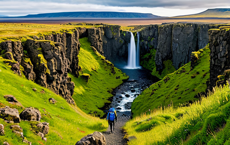 Thingvellir National Park**
"A panoramic view of Thingvellir National Park, Iceland, showcasing the Almannagjá gorge with hikers on a well-maintained trail, appropriate attire. In the distance, the Öxarárfoss waterfall can be seen. Perfect anatomy, correct proportions, safe for work, fully clothed, professional nature photography, family-friendly, high quality."
**