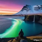 아이슬란드 난민 및 이민 정책 - **Prompt:** A lone figure, bundled in warm winter clothing, stands on a rocky outcrop overlooking a ...