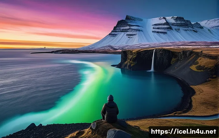 아이슬란드 난민 및 이민 정책 - **Prompt:** A lone figure, bundled in warm winter clothing, stands on a rocky outcrop overlooking a ...