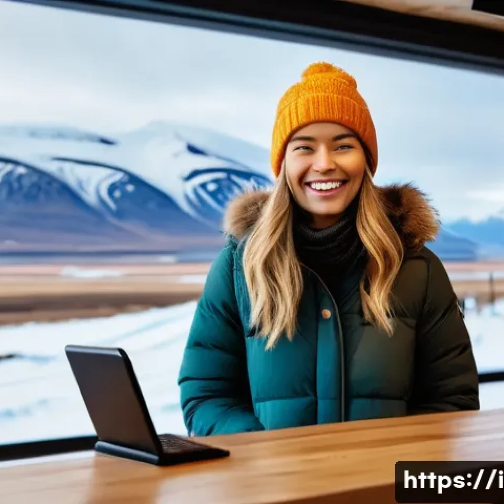 아이슬란드에서 신용카드 사용 가능 여부 - A cheerful female traveler in her late 20s, dressed in a warm, stylish jacket and beanie, is inside ...