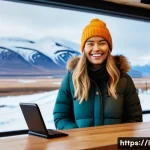 아이슬란드에서 신용카드 사용 가능 여부 - A cheerful female traveler in her late 20s, dressed in a warm, stylish jacket and beanie, is inside ...