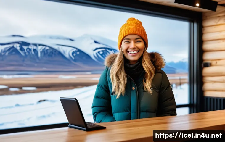 아이슬란드에서 신용카드 사용 가능 여부 - A cheerful female traveler in her late 20s, dressed in a warm, stylish jacket and beanie, is inside ...